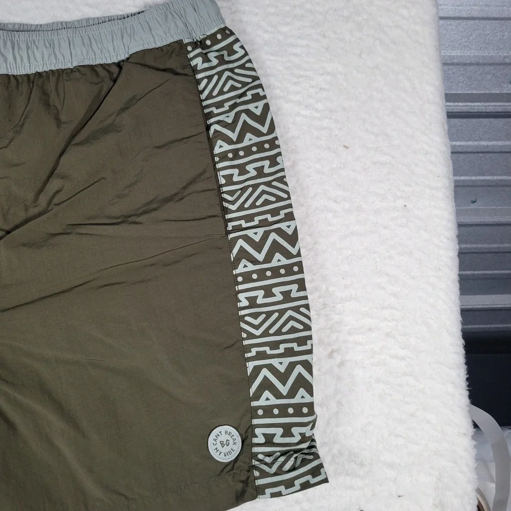 Bearded‎ Goat Swim Trunks Mens XXL Olive Green Grey Tribal Print Nylon Shorts